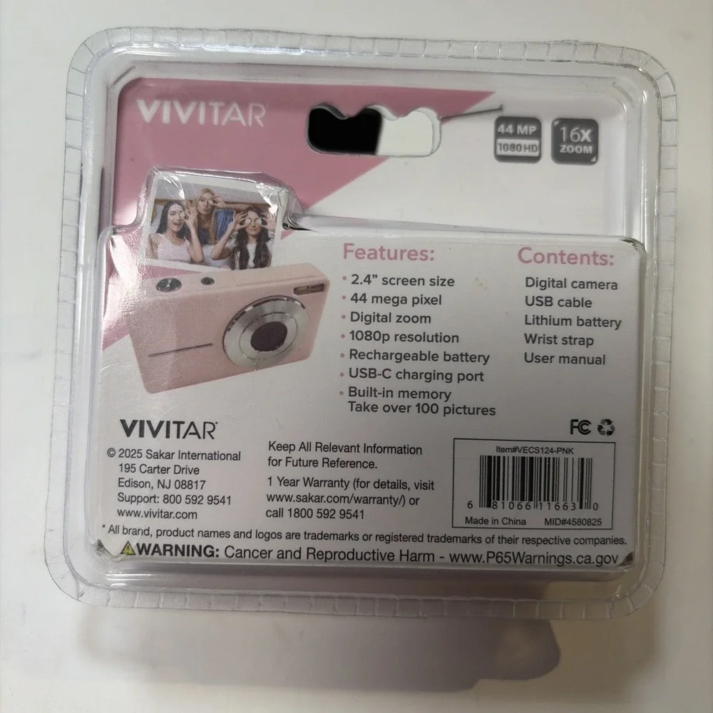 Vivitar PopSnap Digital Camera 44MP 1080HD‎ 16x Zoom Pink 2.4in Screen VEC S124